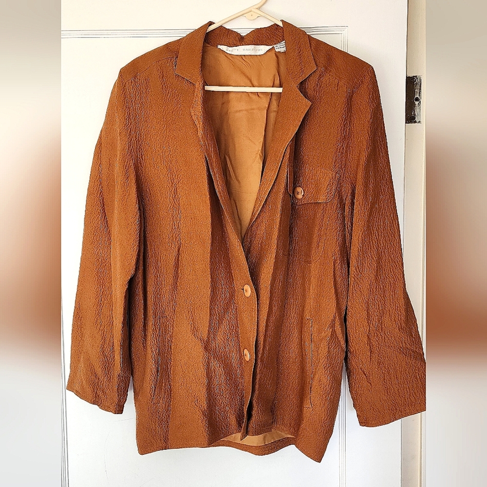 Vintage silk long jacket brett harrison 1990s RARE long size 6 brown lightweight